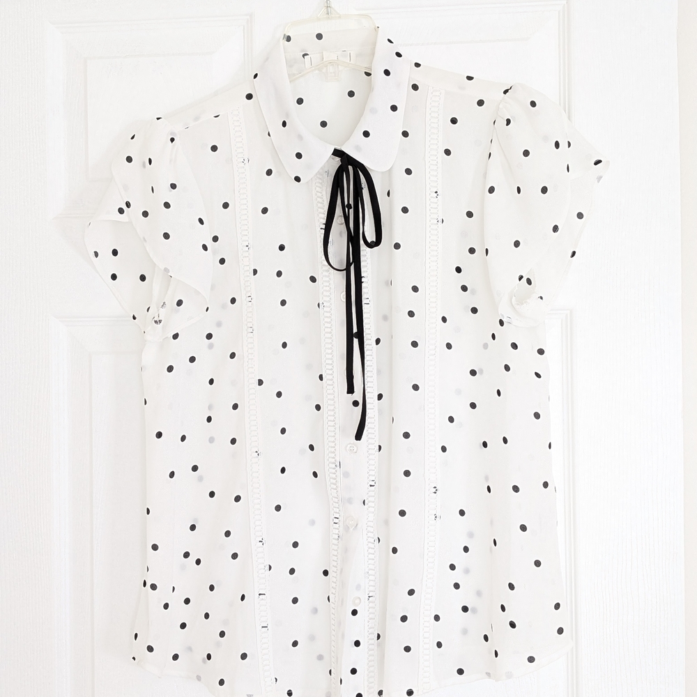 Mine White Polka Dot Blouse with Neck Tie Detail Size L